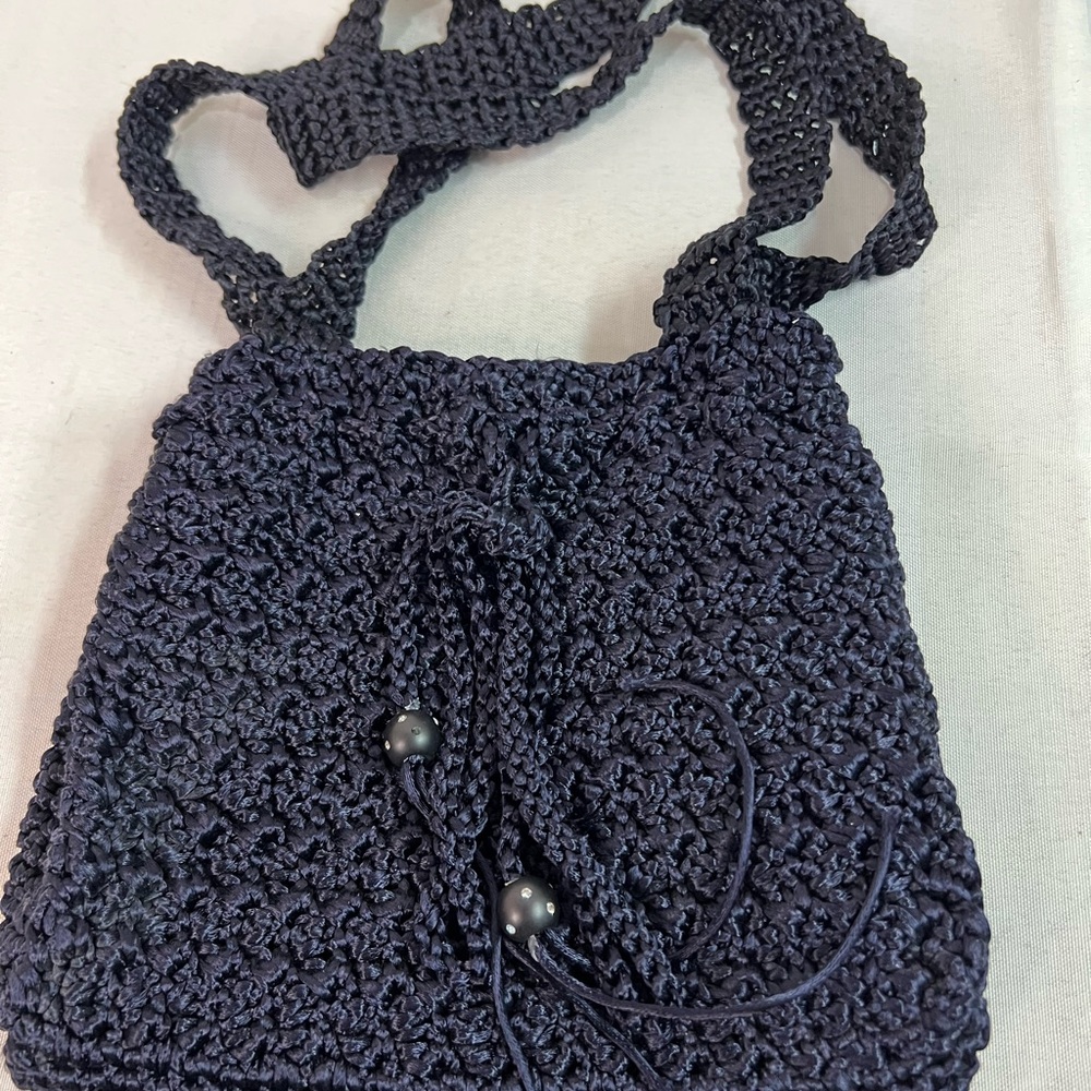 Roberta B Black Crochet Draw String Shoulder Bag … - image 2
